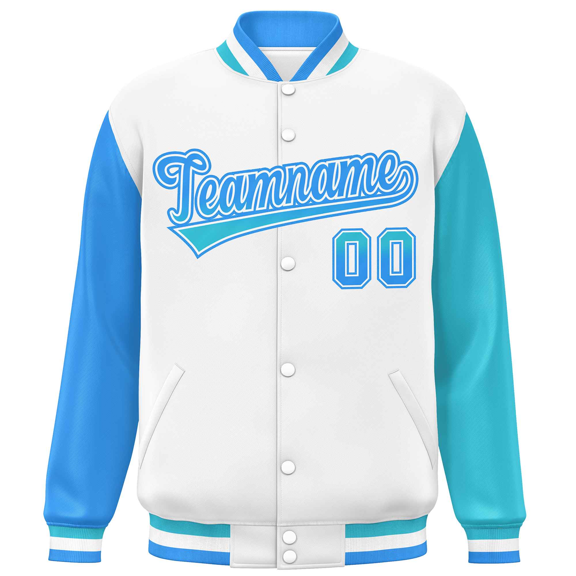 Custom White Powder Blue-Sky Blue Varsity Full-Snap Raglan Sleeves Letterman Baseball Jacket