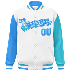 Custom White Powder Blue-Sky Blue Varsity Full-Snap Raglan Sleeves Letterman Baseball Jacket