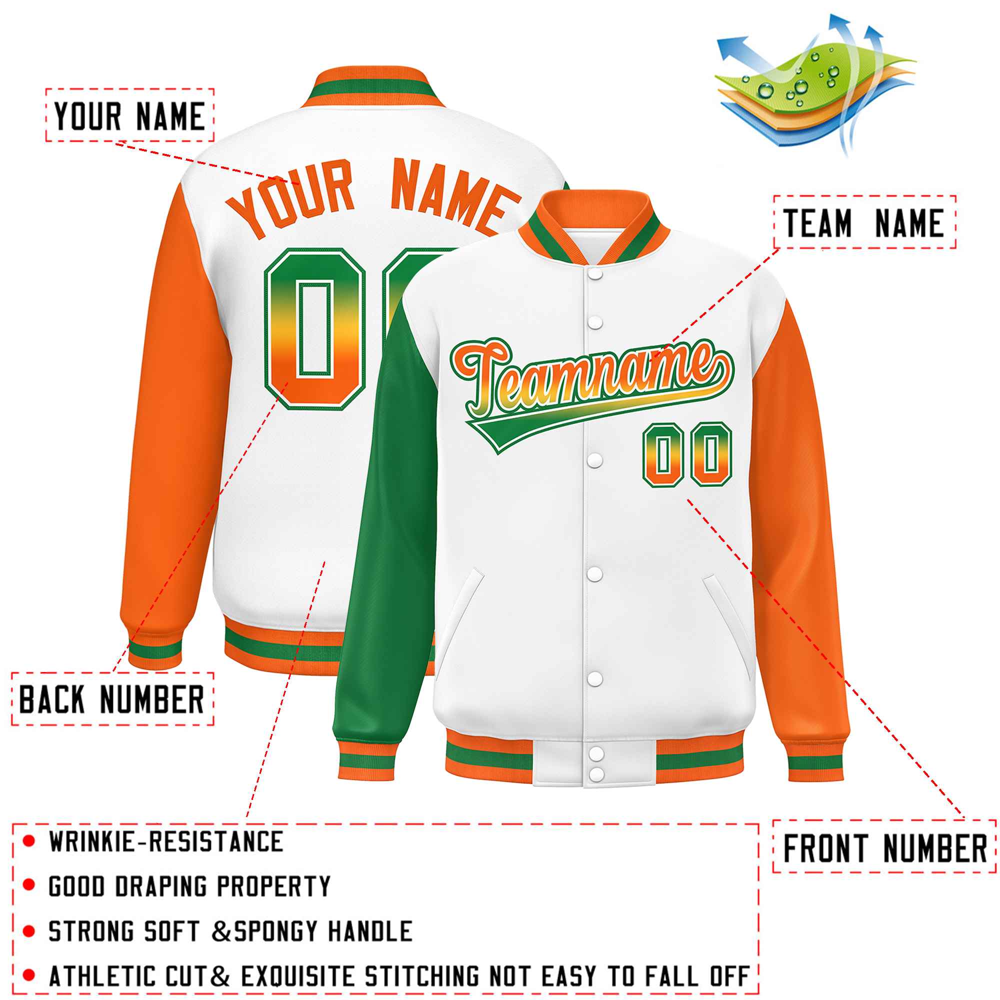 Custom White Kelly Green-Orange Varsity Full-Snap Raglan Sleeves Letterman Baseball Jacket