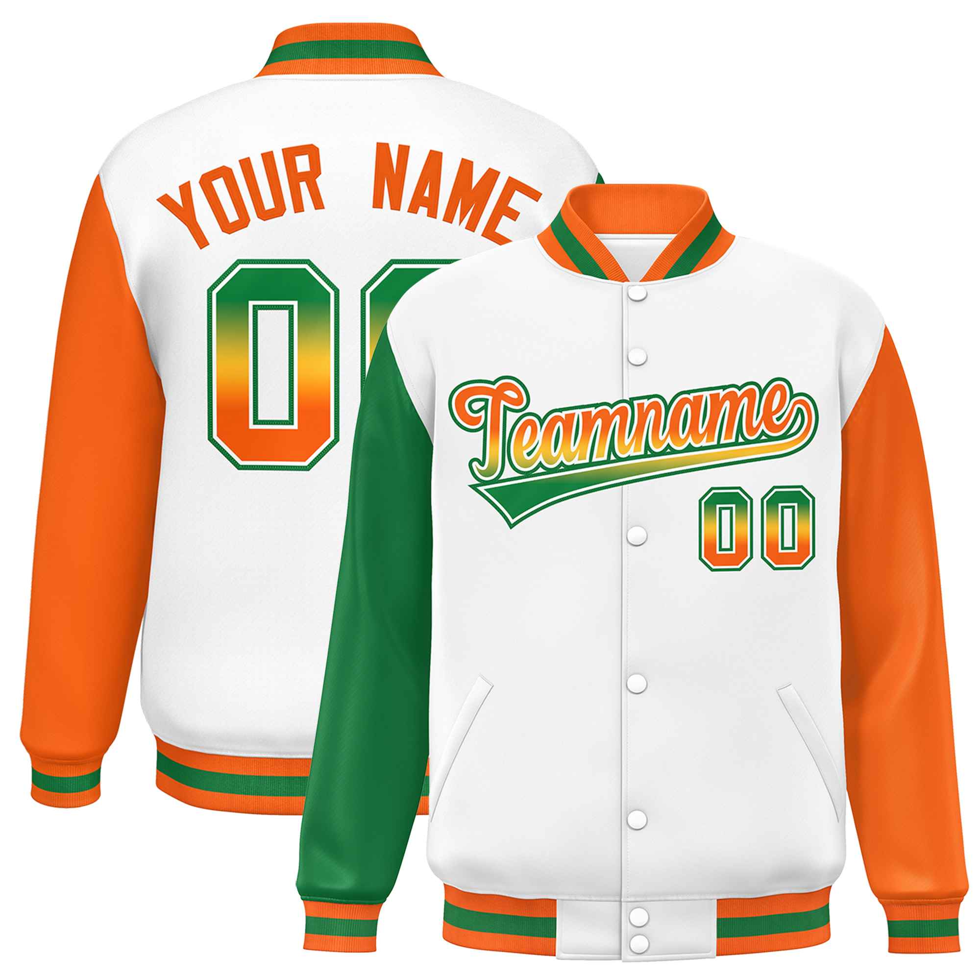 Custom White Kelly Green-Orange Varsity Full-Snap Raglan Sleeves Letterman Baseball Jacket