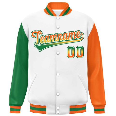 Custom White Kelly Green-Orange Varsity Full-Snap Raglan Sleeves Letterman Baseball Jacket