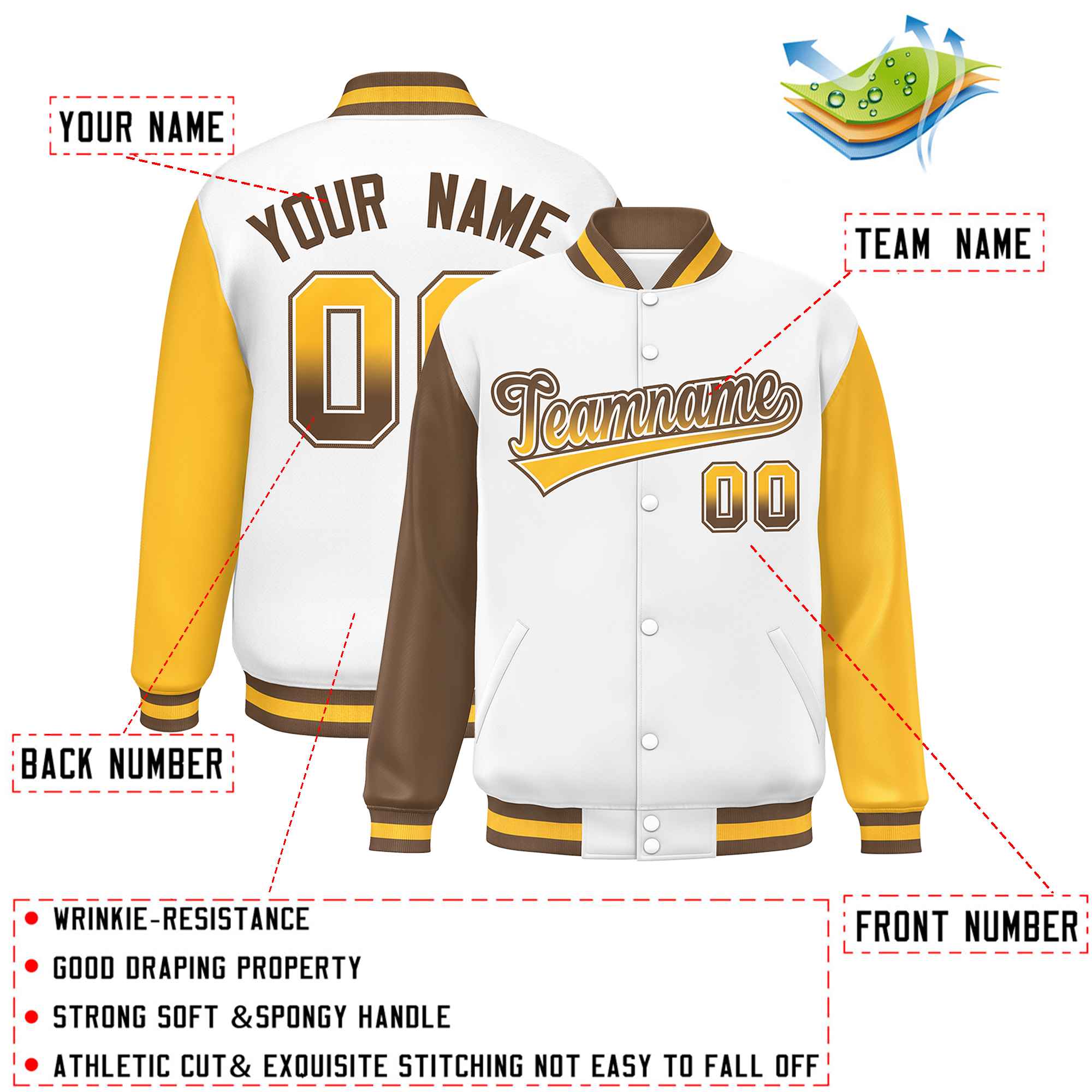 Custom White Light Brown-Gold Varsity Full-Snap Raglan Sleeves Letterman Baseball Jacket