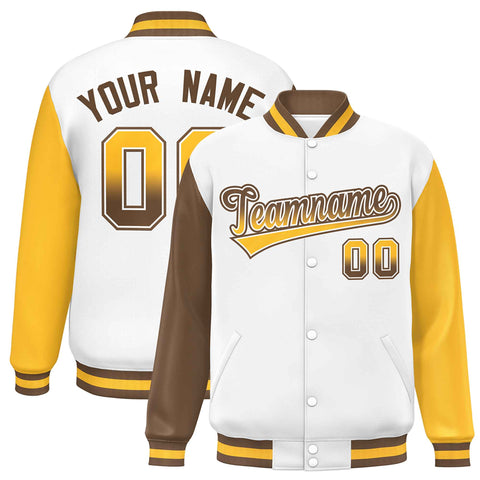 Custom White Light Brown-Gold Varsity Full-Snap Raglan Sleeves Letterman Baseball Jacket