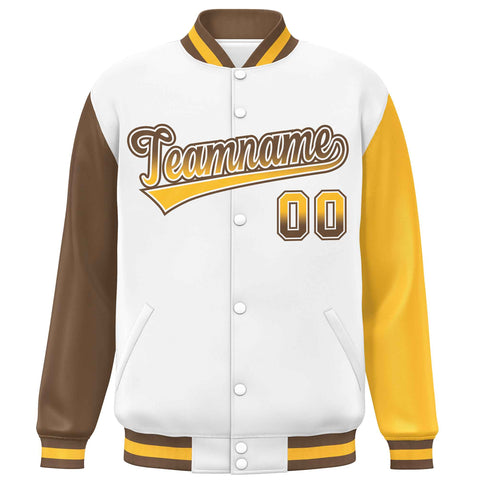 Custom White Light Brown-Gold Varsity Full-Snap Raglan Sleeves Letterman Baseball Jacket