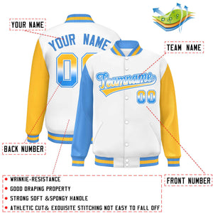 Custom White Powder Blue-Gold Varsity Full-Snap Raglan Sleeves Letterman Baseball Jacket