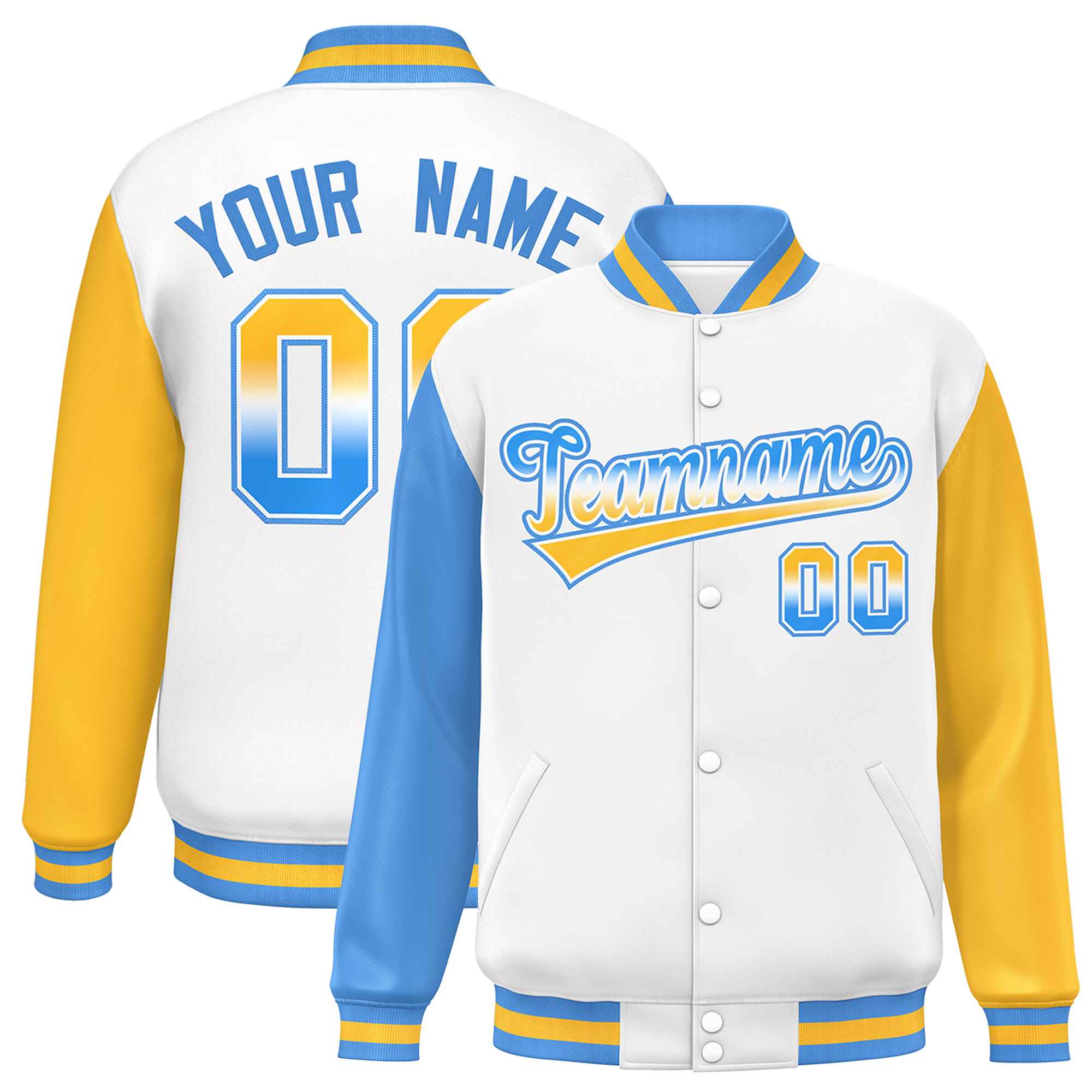 Custom White Powder Blue-Gold Varsity Full-Snap Raglan Sleeves Letterman Baseball Jacket