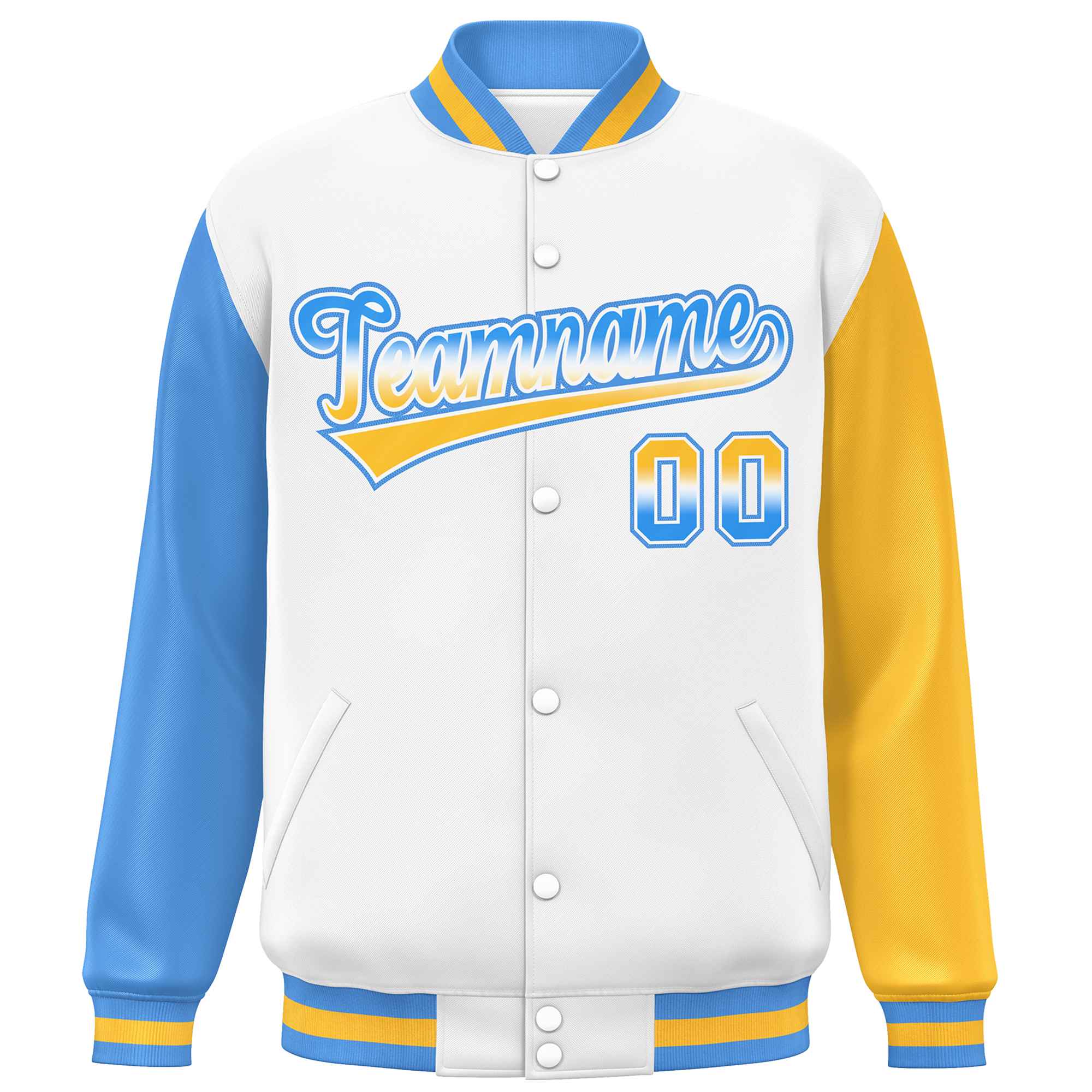 Custom White Powder Blue-Gold Varsity Full-Snap Raglan Sleeves Letterman Baseball Jacket