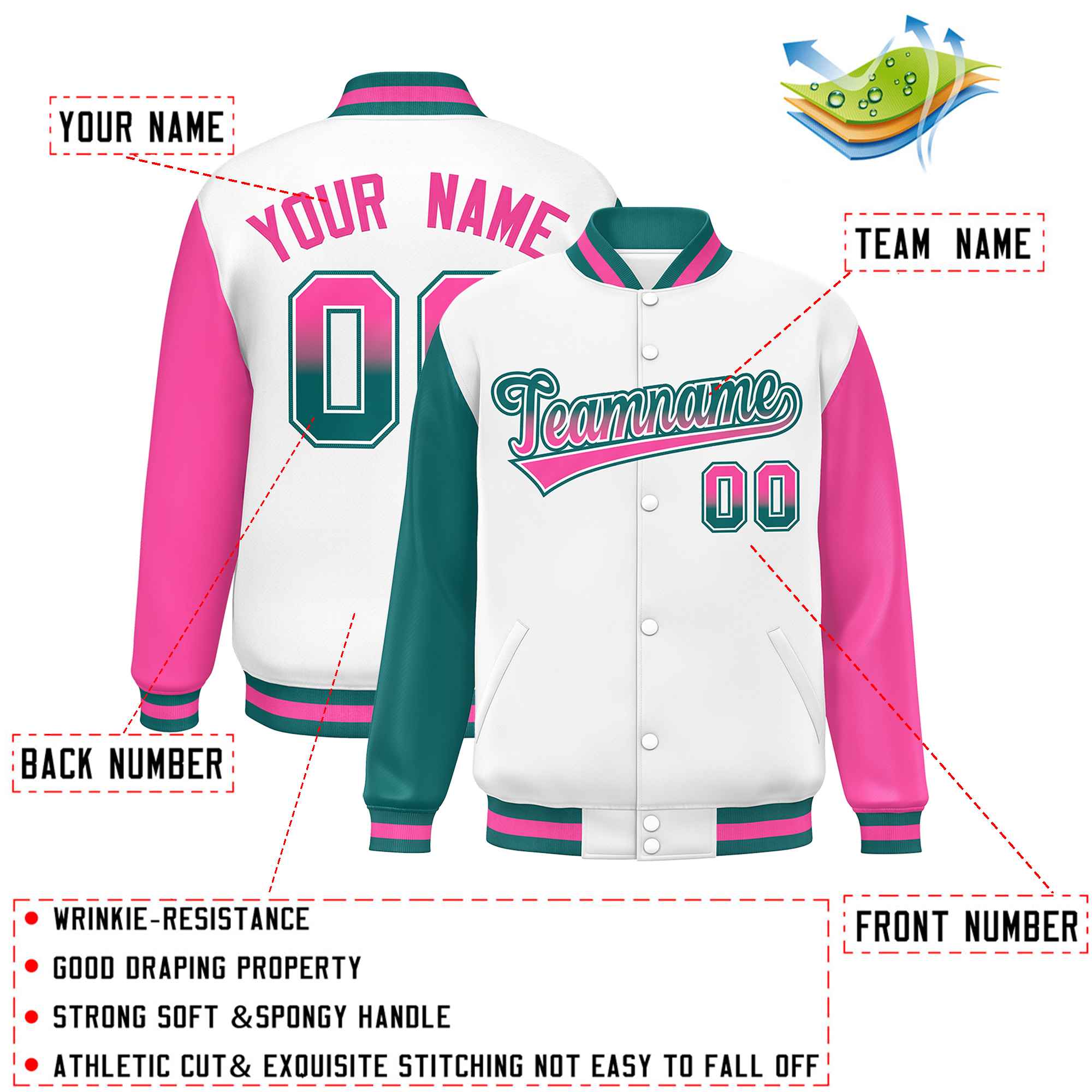 Custom White Aqua-Pink Varsity Full-Snap Raglan Sleeves Letterman Baseball Jacket