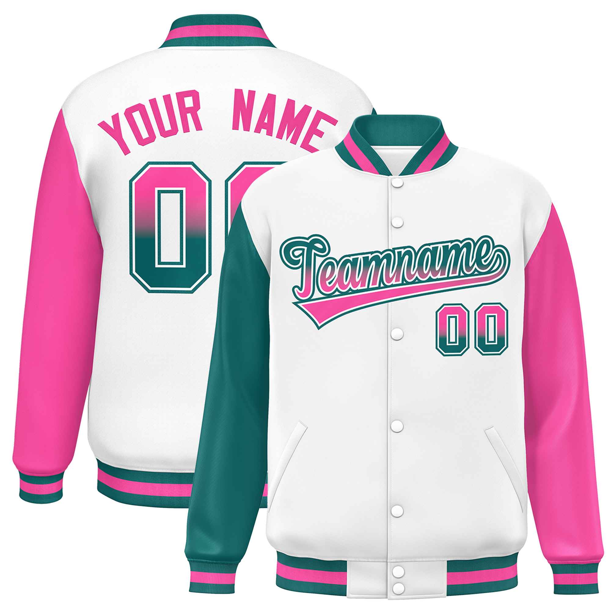 Custom White Aqua-Pink Varsity Full-Snap Raglan Sleeves Letterman Baseball Jacket