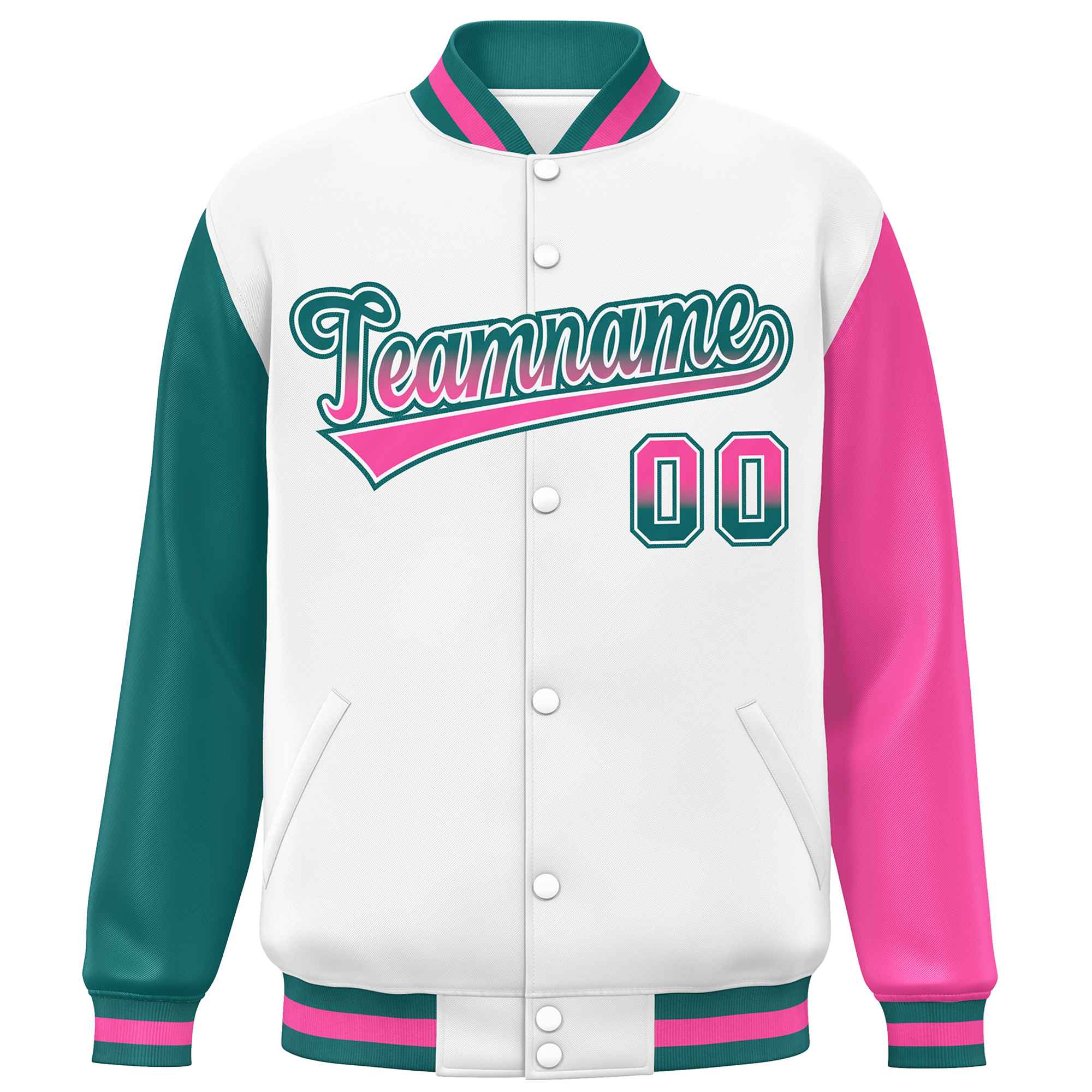 Custom White Aqua-Pink Varsity Full-Snap Raglan Sleeves Letterman Baseball Jacket