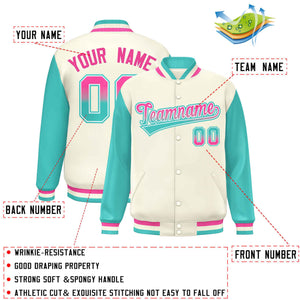 Custom Cream Aqua Varsity Full-Snap Raglan Sleeves Letterman Baseball Jacket