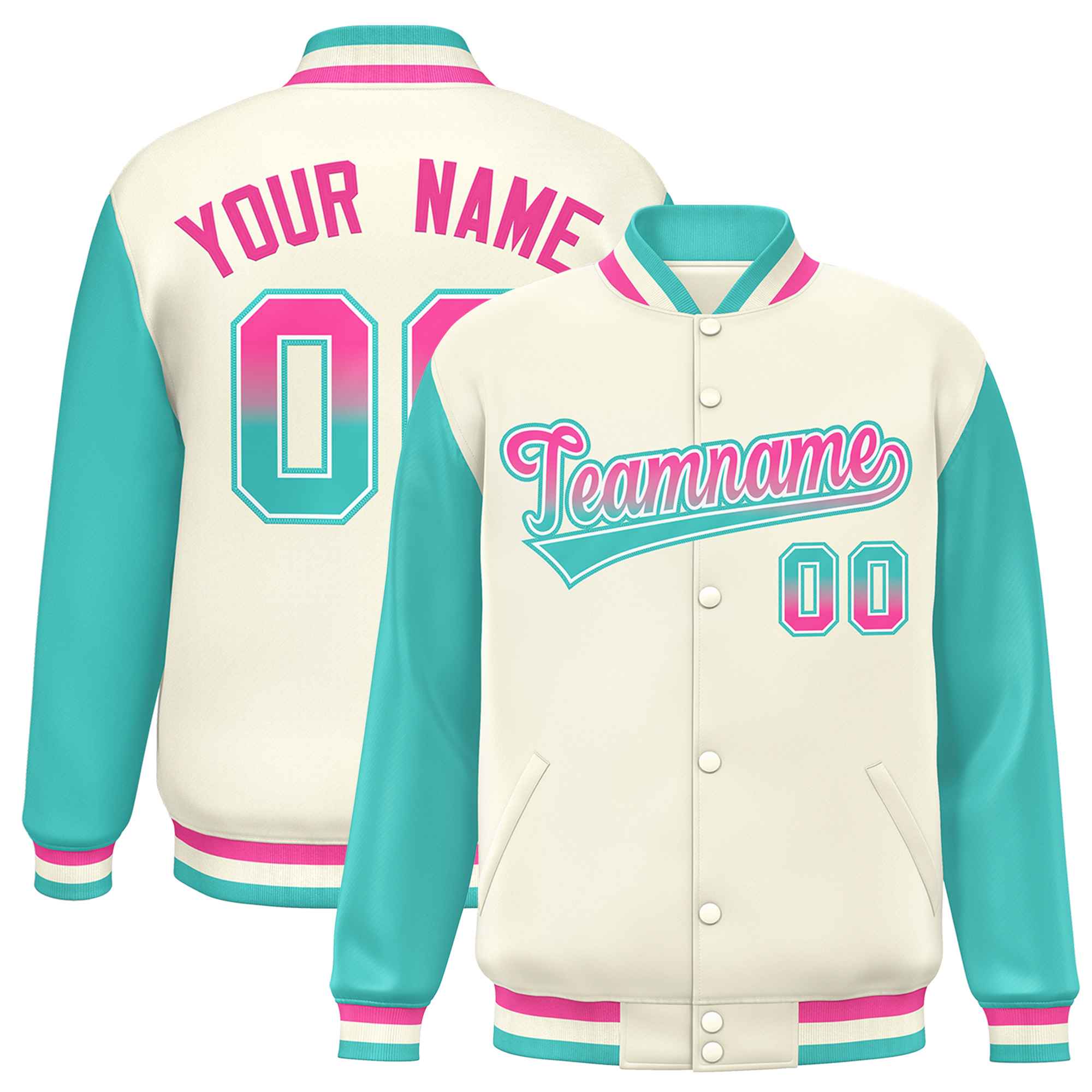 Custom Cream Aqua Varsity Full-Snap Raglan Sleeves Letterman Baseball Jacket