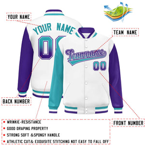 Custom White Aqua-Purple Varsity Full-Snap Raglan Sleeves Letterman Baseball Jacket