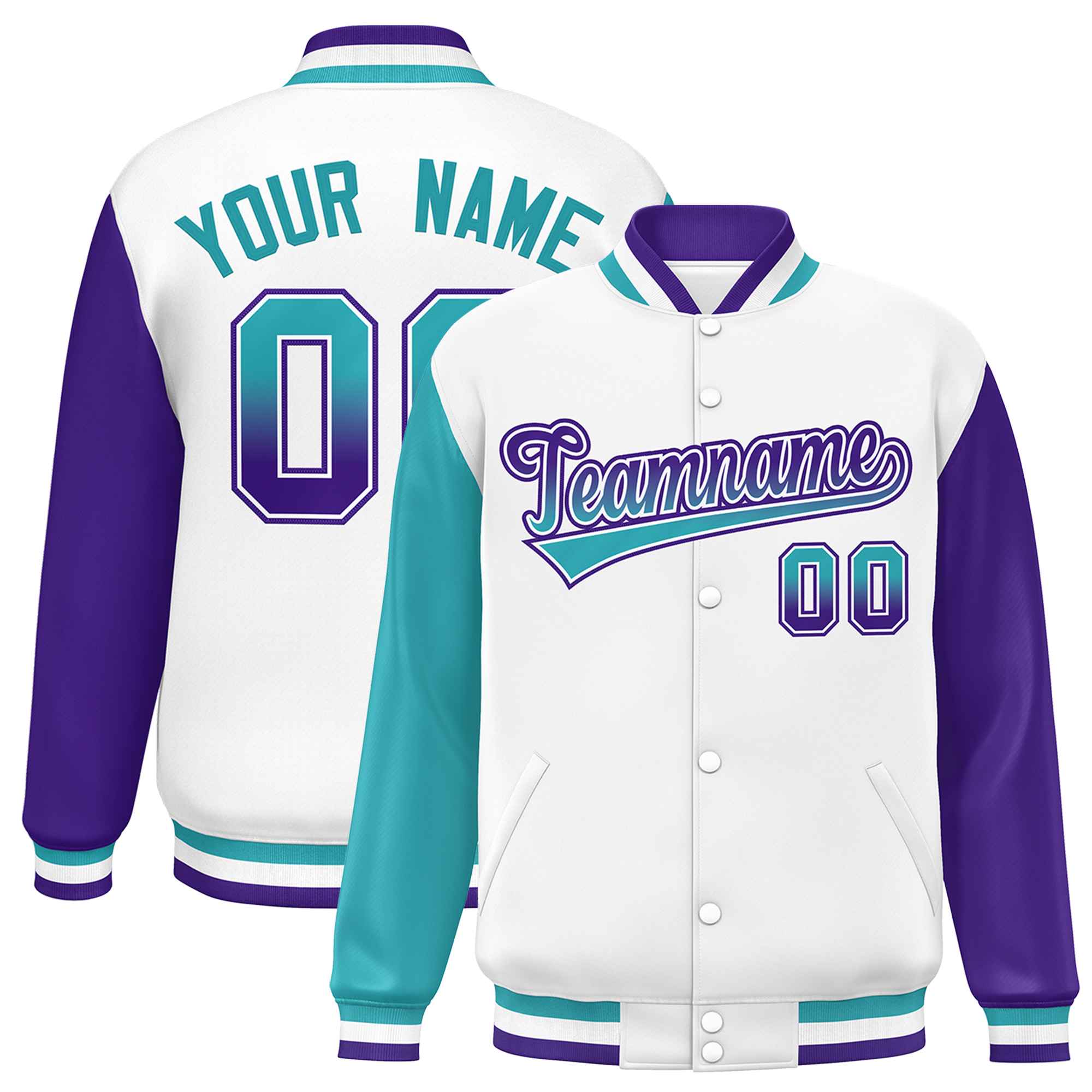 Custom White Aqua-Purple Varsity Full-Snap Raglan Sleeves Letterman Baseball Jacket