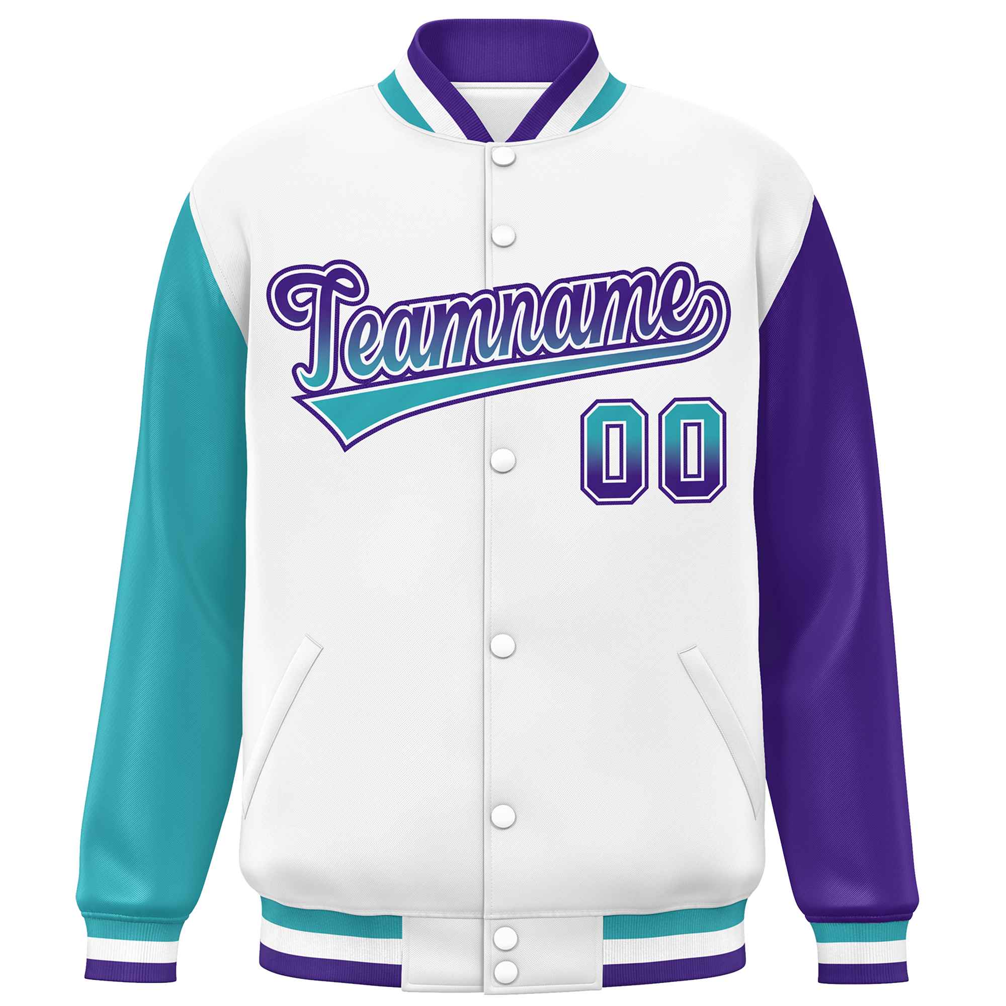 Custom White Aqua-Purple Varsity Full-Snap Raglan Sleeves Letterman Baseball Jacket