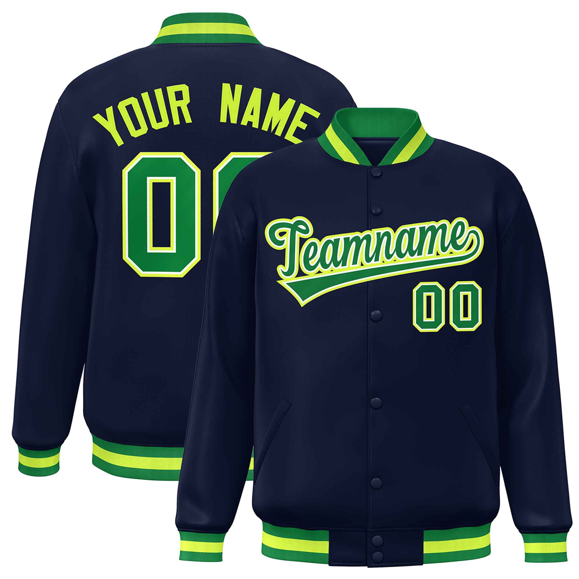 Custom Navy Kelly Green Varsity Full-Snap Classic Style Letterman Baseball Jacket