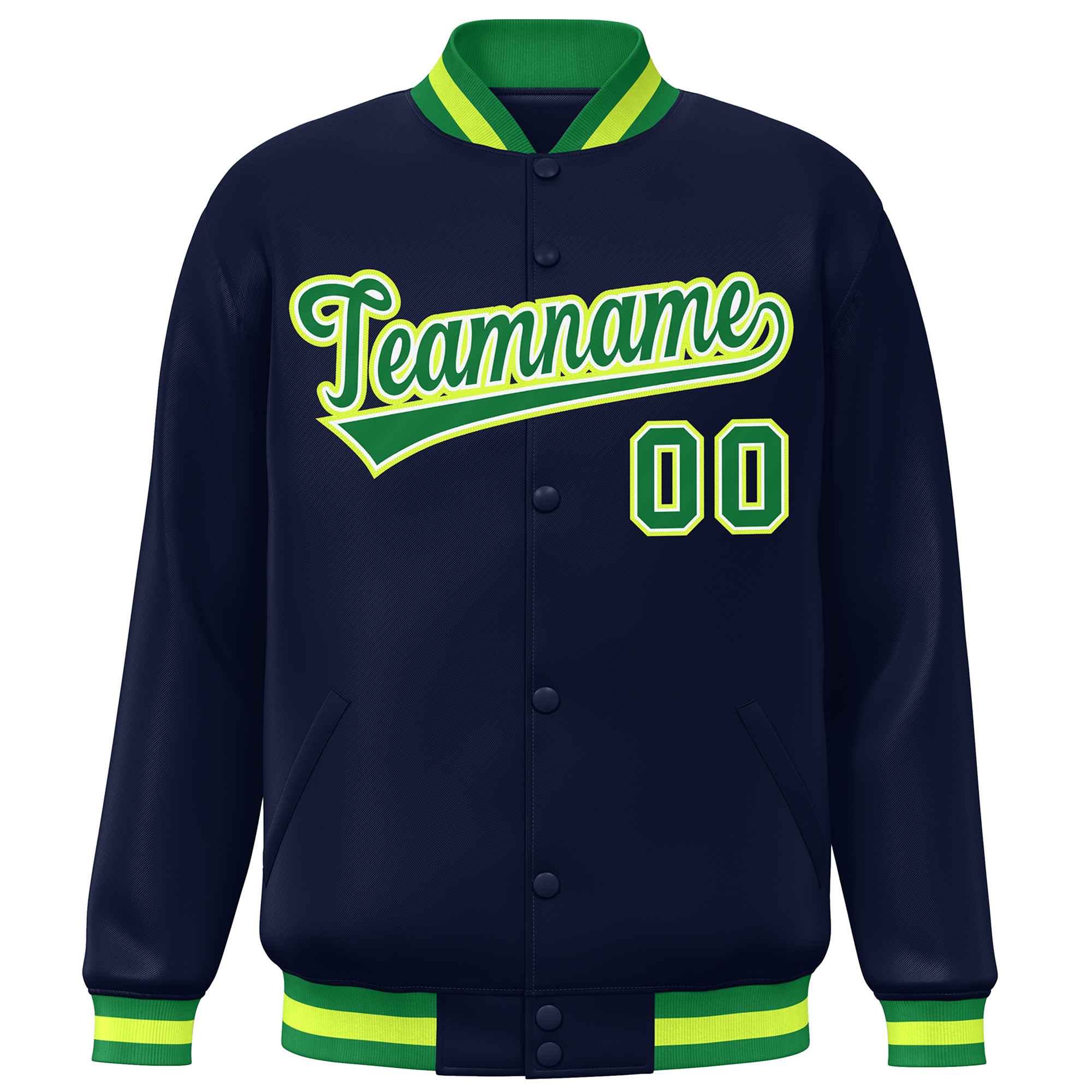 Custom Navy Kelly Green Varsity Full-Snap Classic Style Letterman Baseball Jacket