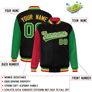 Custom Black Red-Kelly Green Varsity Full-Snap Raglan Sleeves Letterman Baseball Jacket