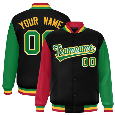 Custom Black Red-Kelly Green Varsity Full-Snap Raglan Sleeves Letterman Baseball Jacket
