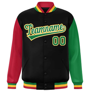 Custom Black Red-Kelly Green Varsity Full-Snap Raglan Sleeves Letterman Baseball Jacket