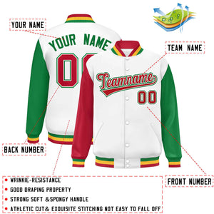 Custom White Red-Kelly Green Varsity Full-Snap Raglan Sleeves Letterman Baseball Jacket