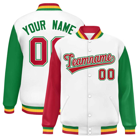 Custom White Red-Kelly Green Varsity Full-Snap Raglan Sleeves Letterman Baseball Jacket