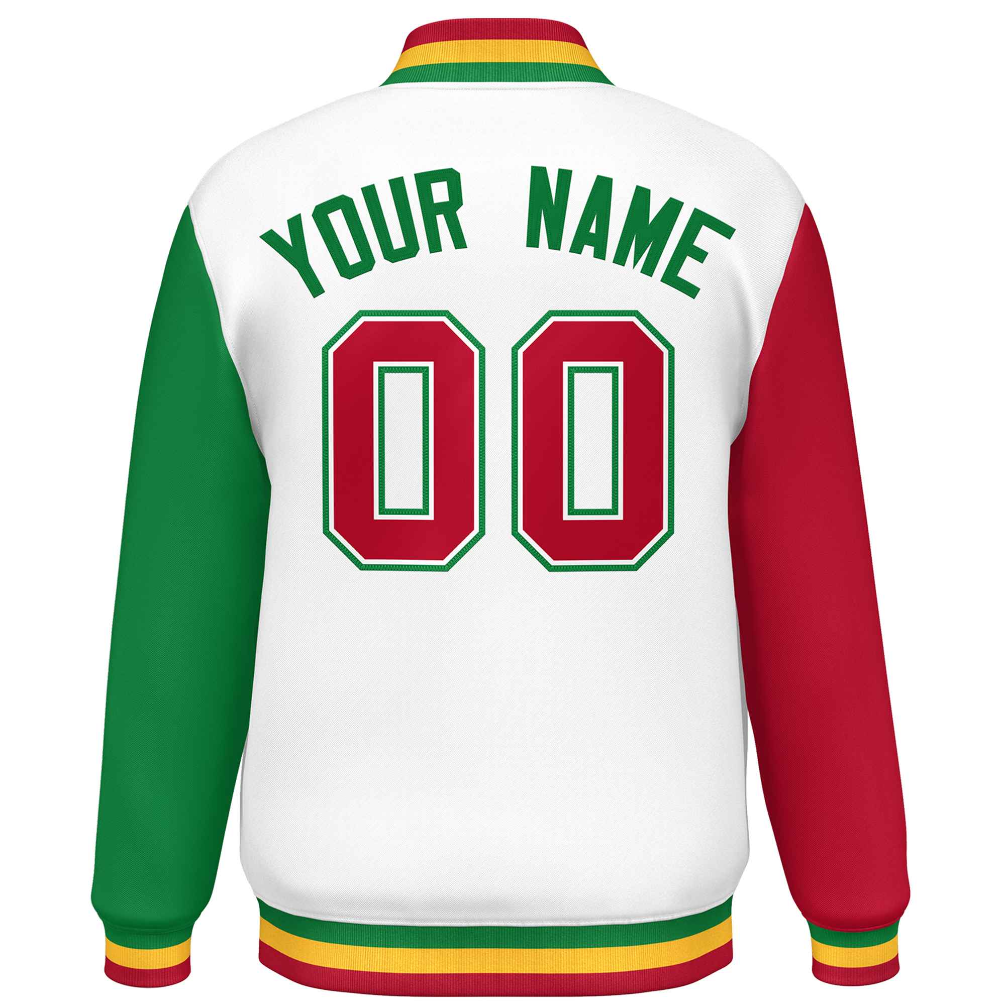 Custom White Red-Kelly Green Varsity Full-Snap Raglan Sleeves Letterman Baseball Jacket