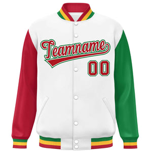 Custom White Red-Kelly Green Varsity Full-Snap Raglan Sleeves Letterman Baseball Jacket