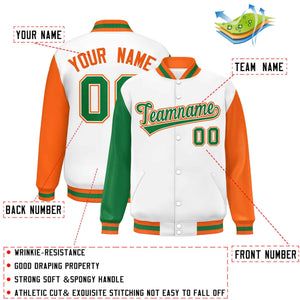 Custom White Kelly Green-Orange Varsity Full-Snap Raglan Sleeves Letterman Baseball Jacket