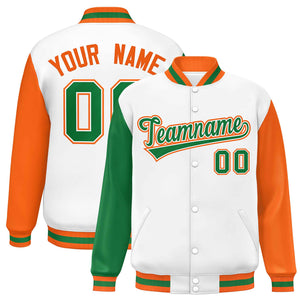 Custom White Kelly Green-Orange Varsity Full-Snap Raglan Sleeves Letterman Baseball Jacket