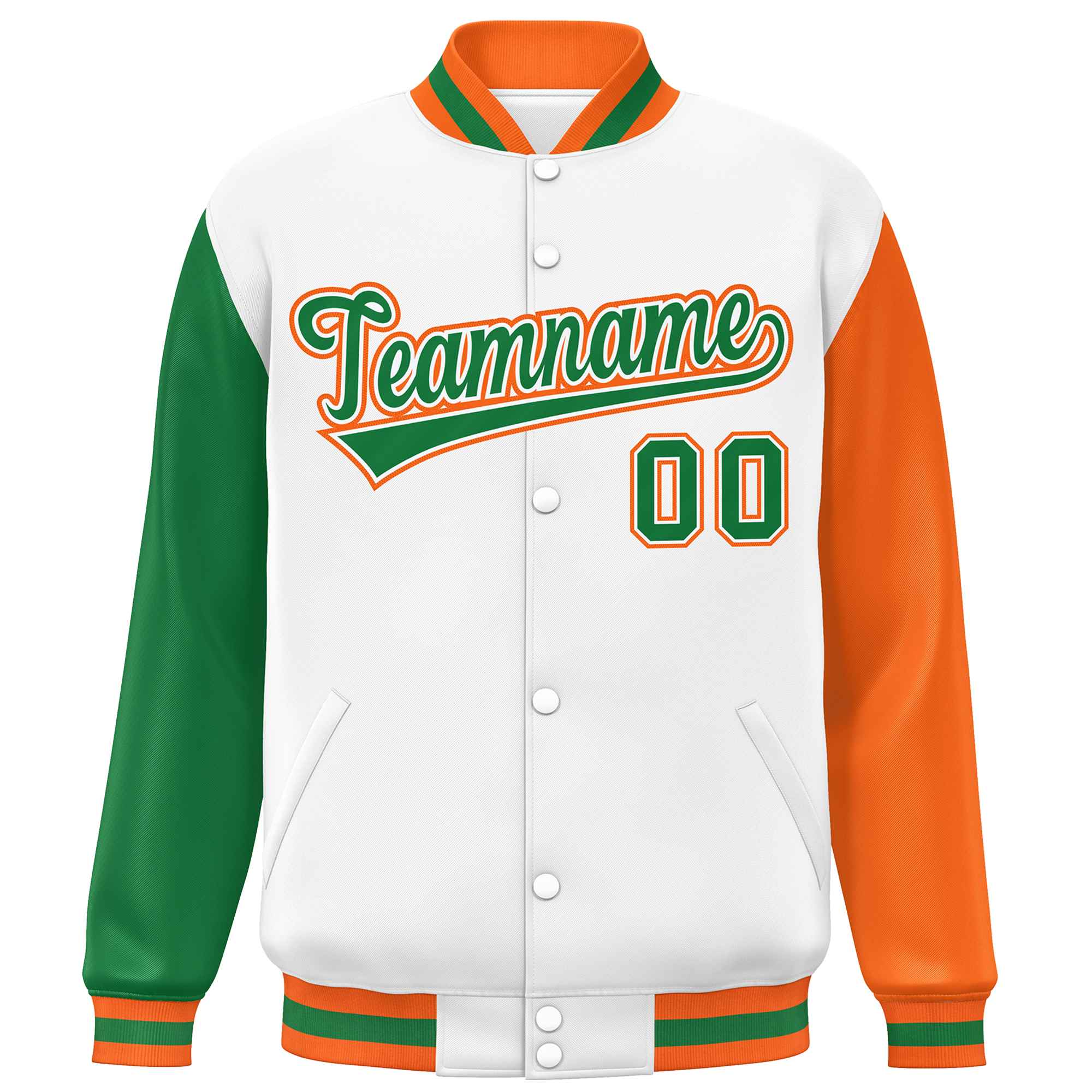 Custom White Kelly Green-Orange Varsity Full-Snap Raglan Sleeves Letterman Baseball Jacket