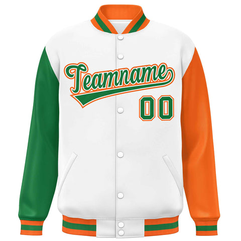 Custom White Kelly Green-Orange Varsity Full-Snap Raglan Sleeves Letterman Baseball Jacket