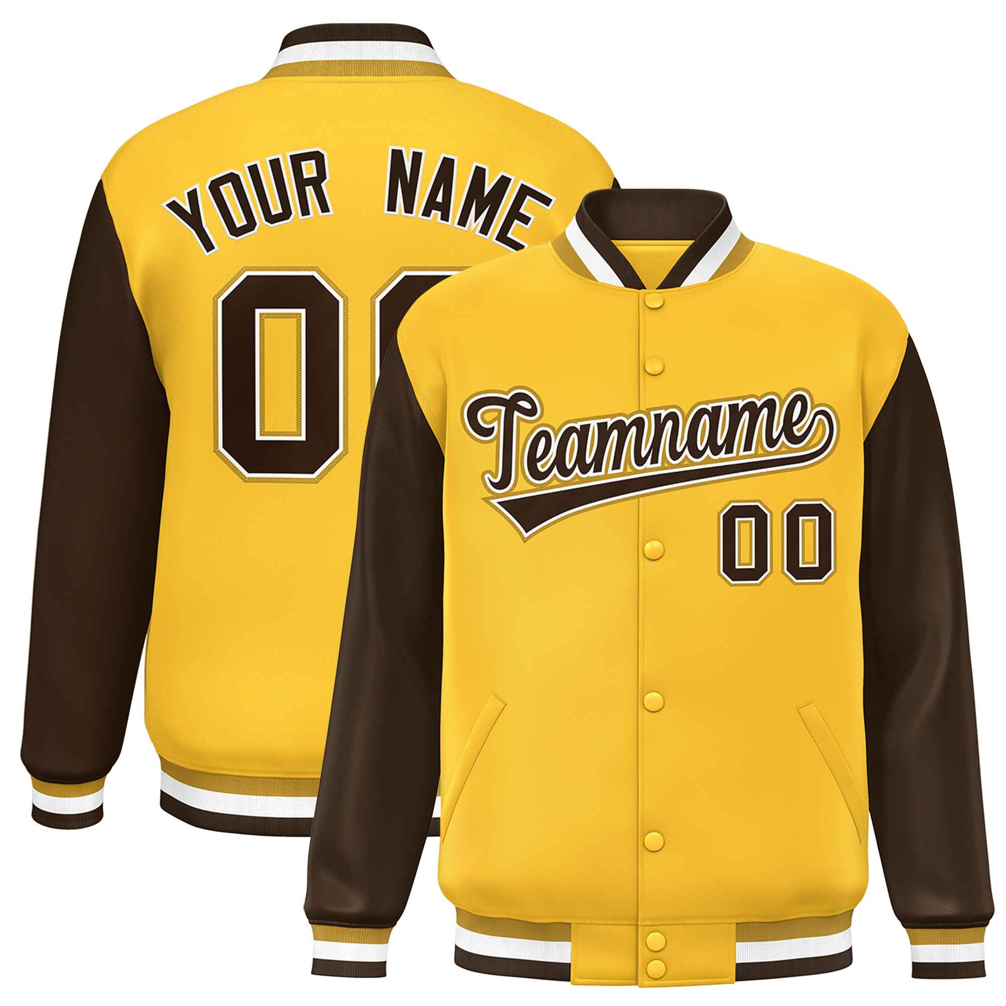 Custom Gold Brown Varsity Full-Snap Raglan Sleeves Letterman Baseball Jacket