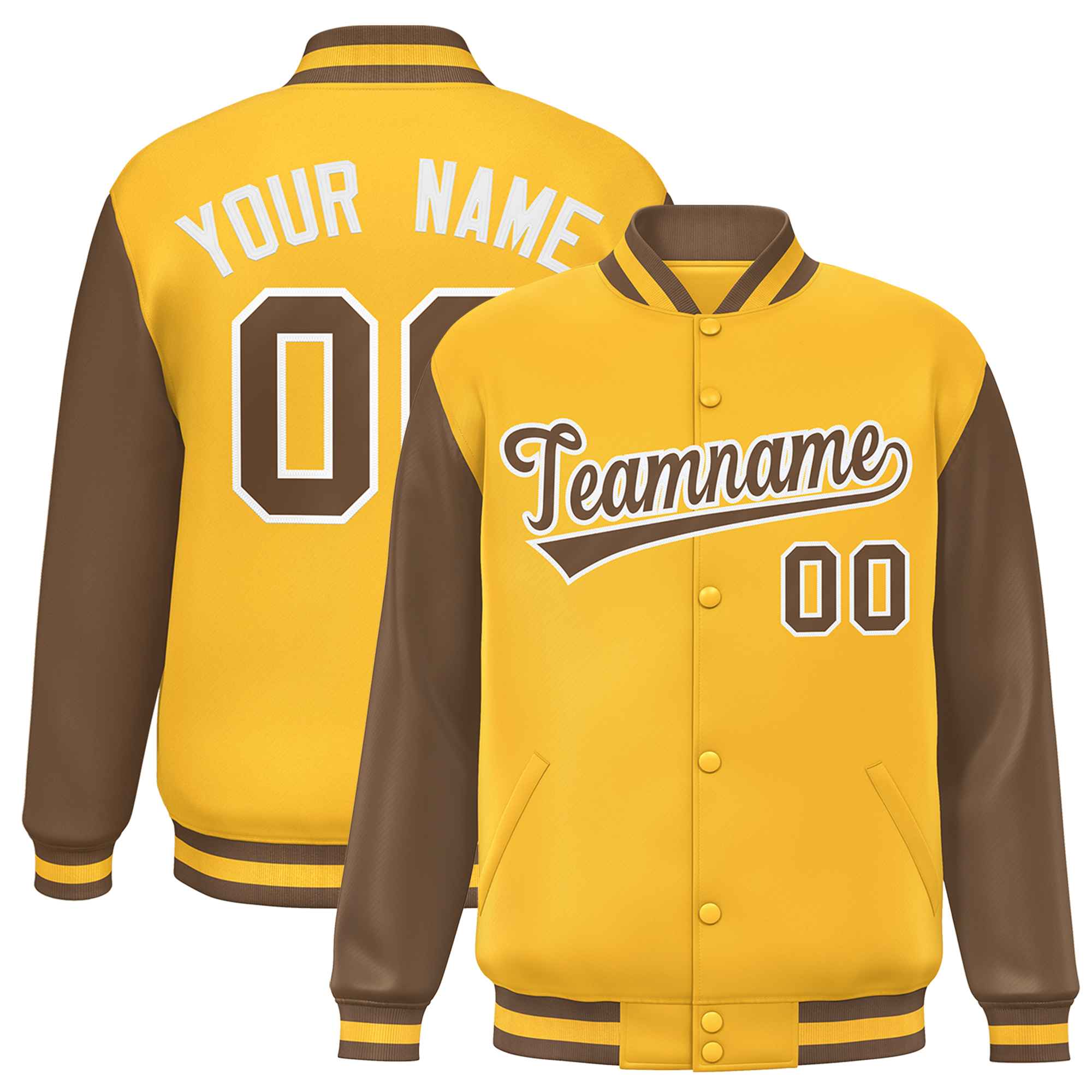 Custom Gold Light Brown Varsity Full-Snap Raglan Sleeves Letterman Baseball Jacket