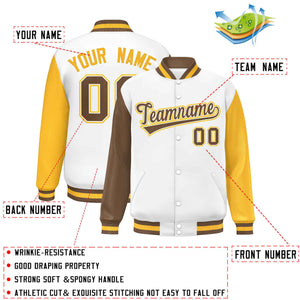 Custom White Light Brown-Gold Varsity Full-Snap Raglan Sleeves Letterman Baseball Jacket