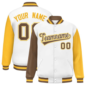 Custom White Light Brown-Gold Varsity Full-Snap Raglan Sleeves Letterman Baseball Jacket