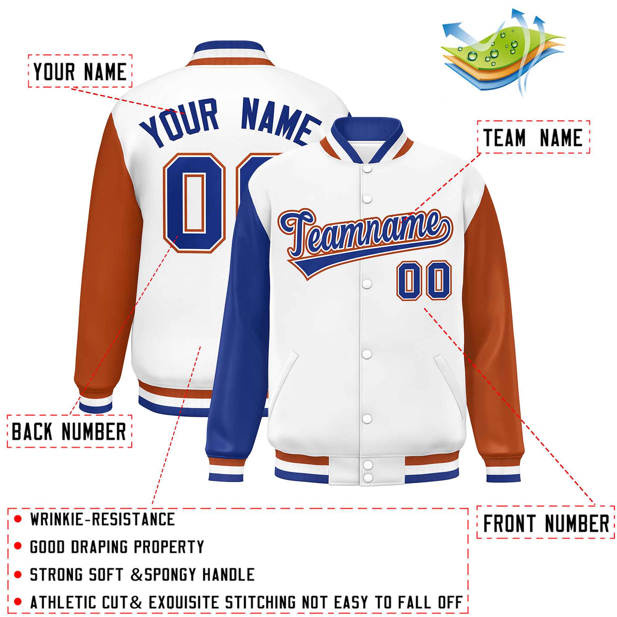 Custom White Royal-Texas Orange Varsity Full-Snap Raglan Sleeves Letterman Baseball Jacket