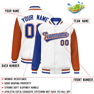 Custom White Royal-Texas Orange Varsity Full-Snap Raglan Sleeves Letterman Baseball Jacket