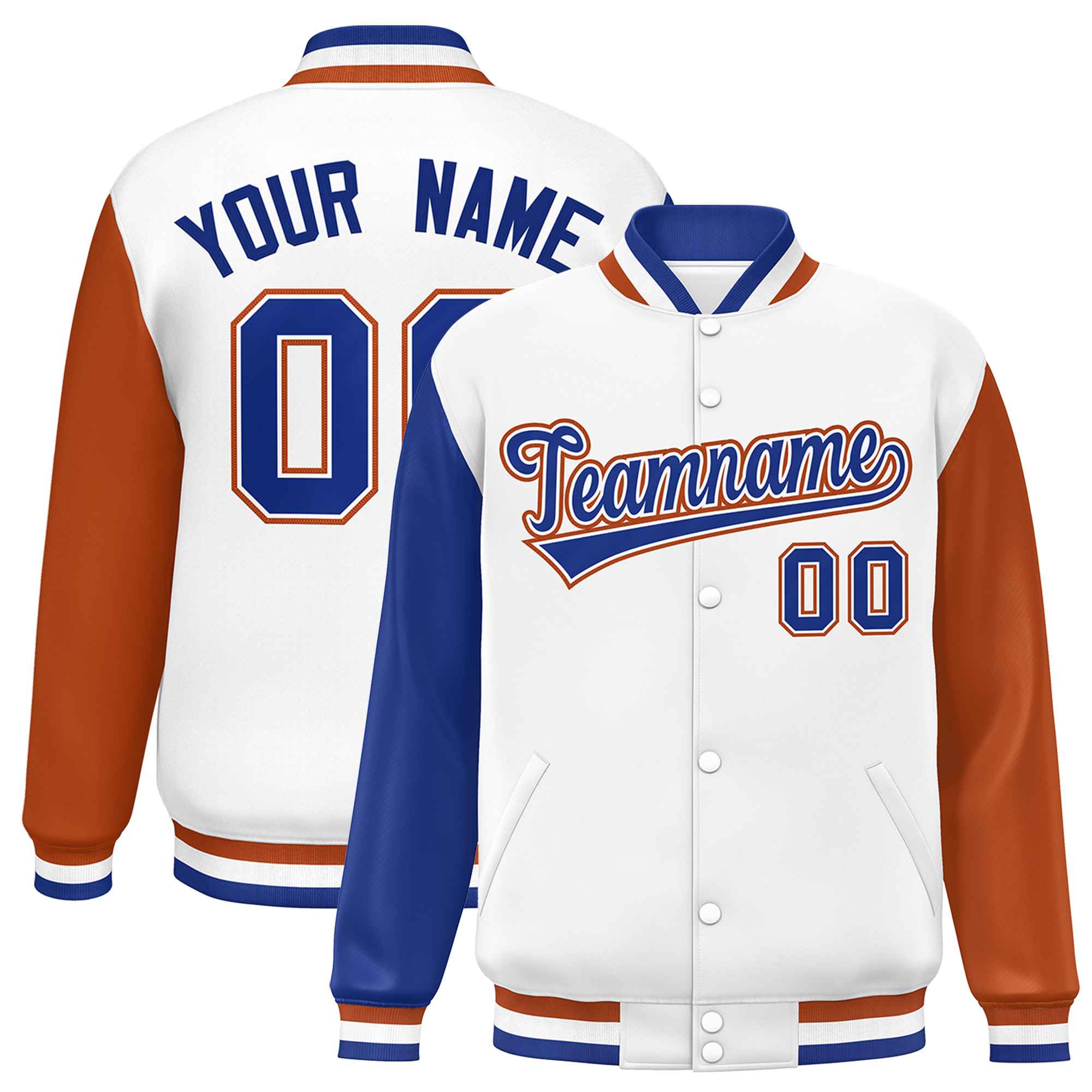 Custom White Royal-Texas Orange Varsity Full-Snap Raglan Sleeves Letterman Baseball Jacket