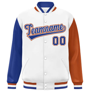 Custom White Royal-Texas Orange Varsity Full-Snap Raglan Sleeves Letterman Baseball Jacket