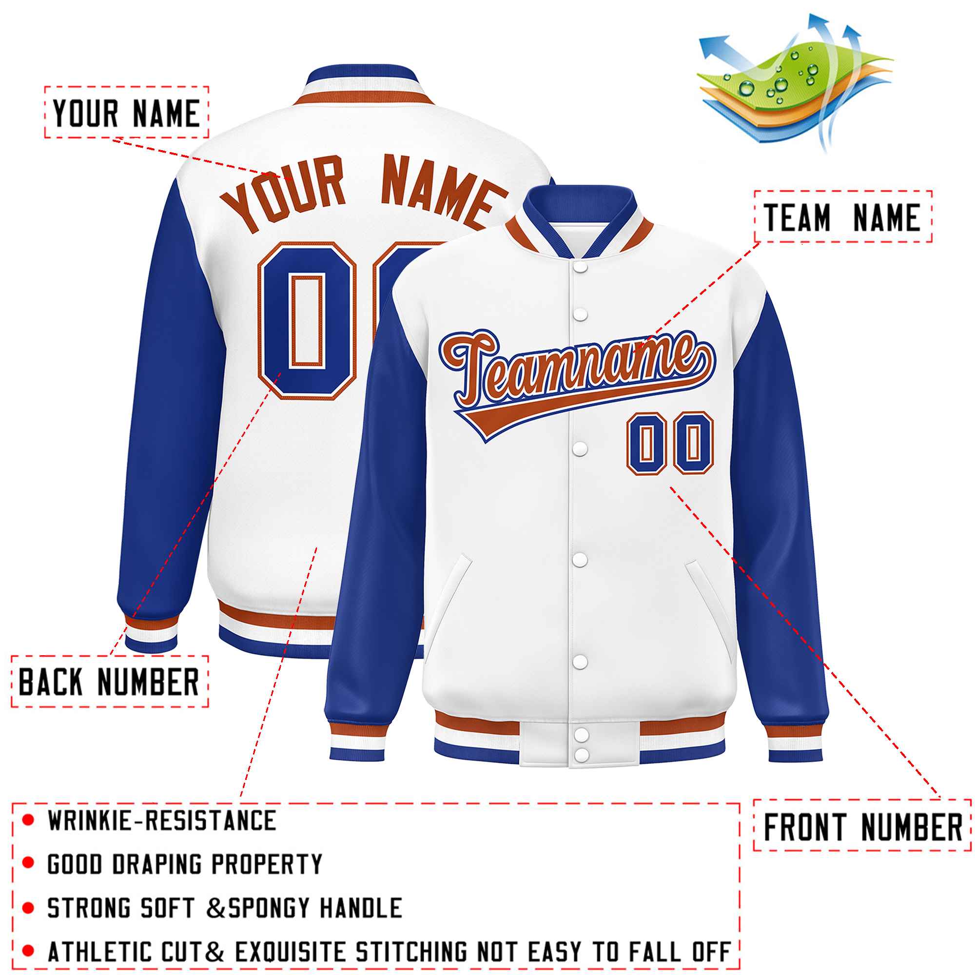 Custom White Royal Varsity Full-Snap Raglan Sleeves Letterman Baseball Jacket