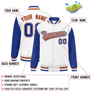 Custom White Royal Varsity Full-Snap Raglan Sleeves Letterman Baseball Jacket