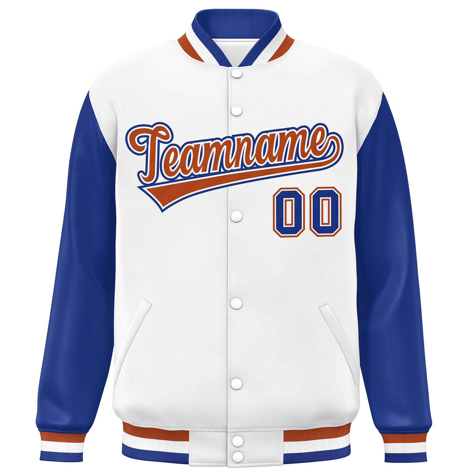 Custom White Royal Varsity Full-Snap Raglan Sleeves Letterman Baseball Jacket