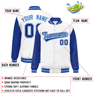 Custom White Royal Varsity Full-Snap Raglan Sleeves Letterman Baseball Jacket