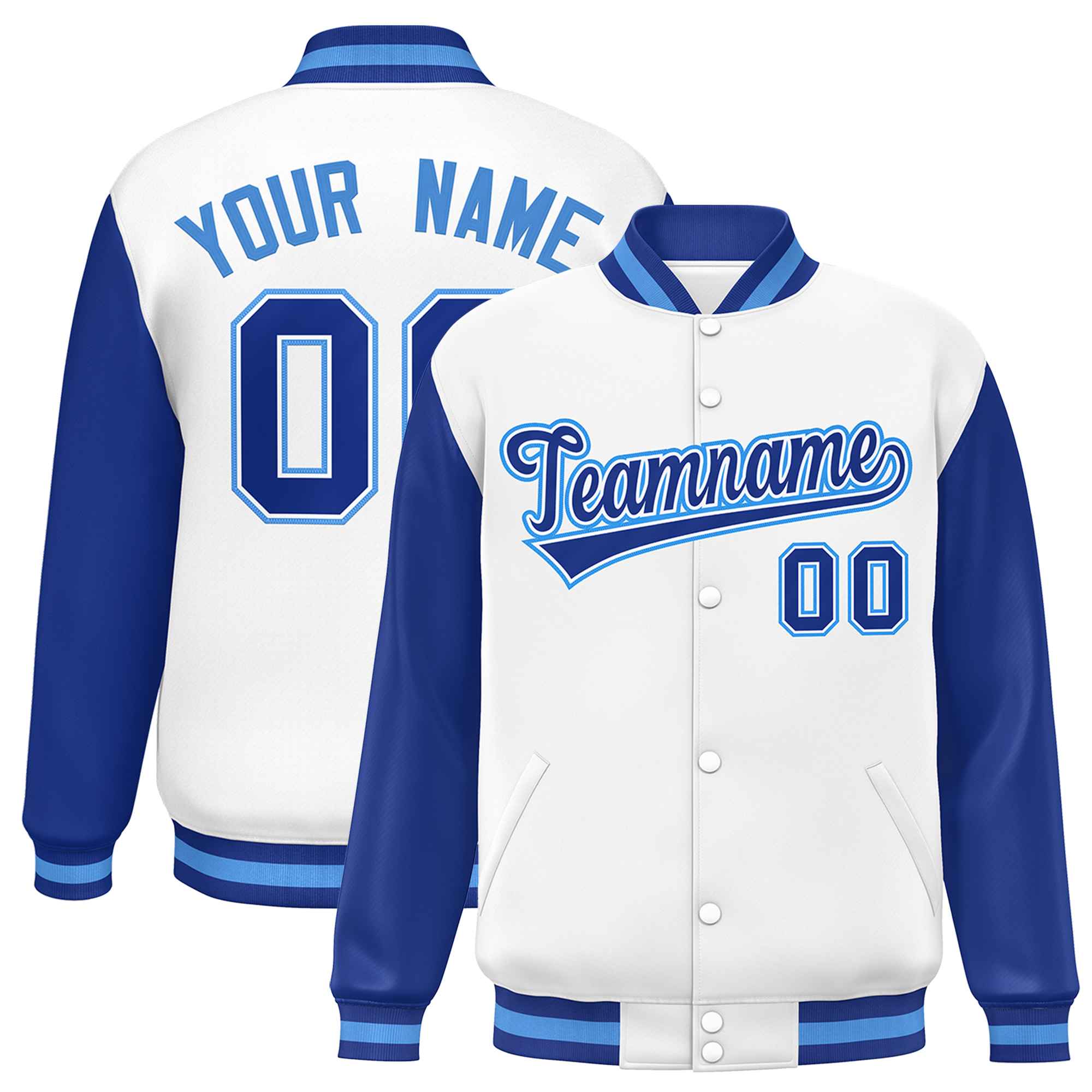 Custom White Royal Varsity Full-Snap Raglan Sleeves Letterman Baseball Jacket