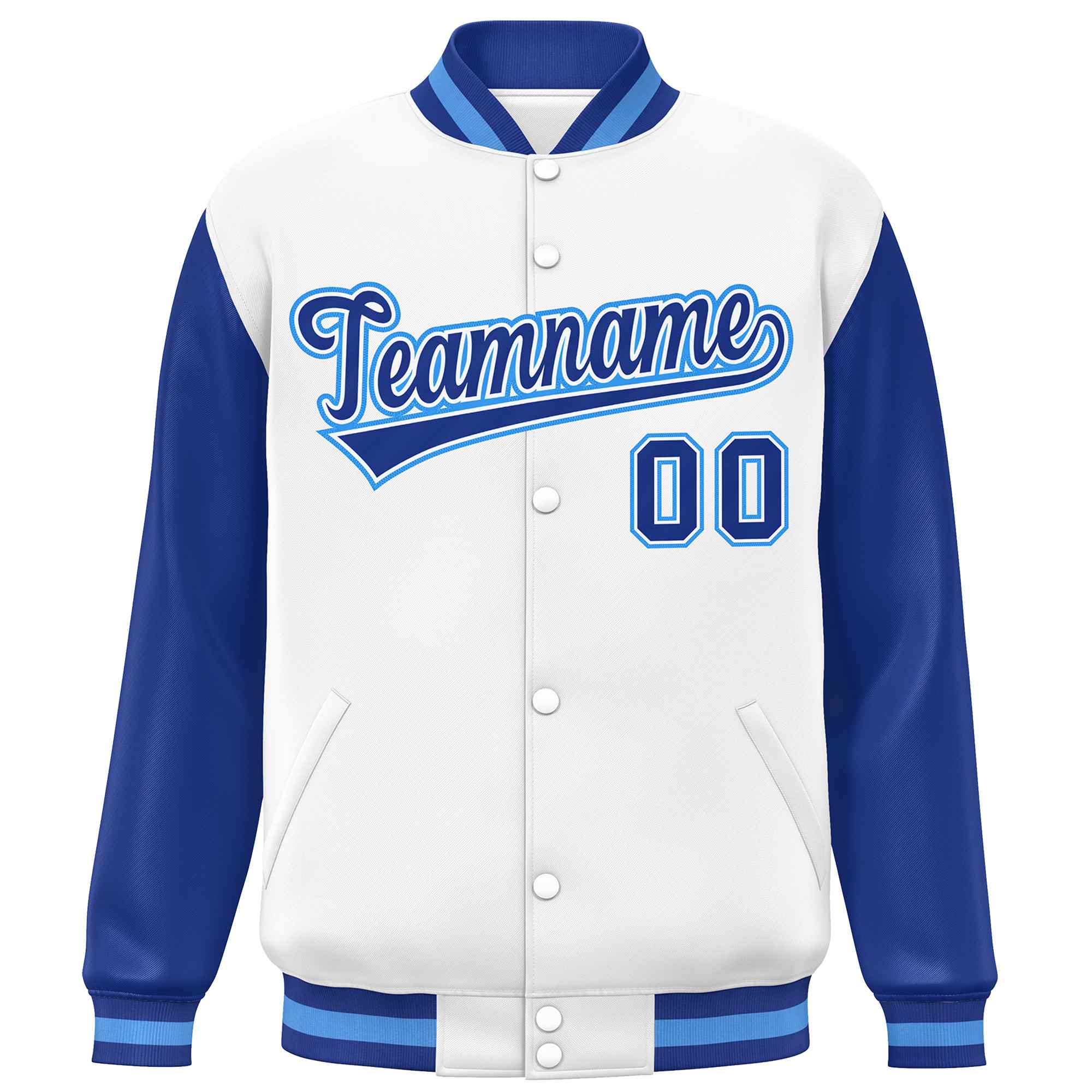 Custom White Royal Varsity Full-Snap Raglan Sleeves Letterman Baseball Jacket