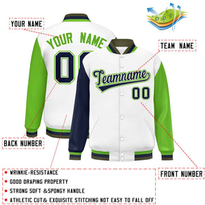 Custom White Navy-Green Varsity Full-Snap Raglan Sleeves Letterman Baseball Jacket