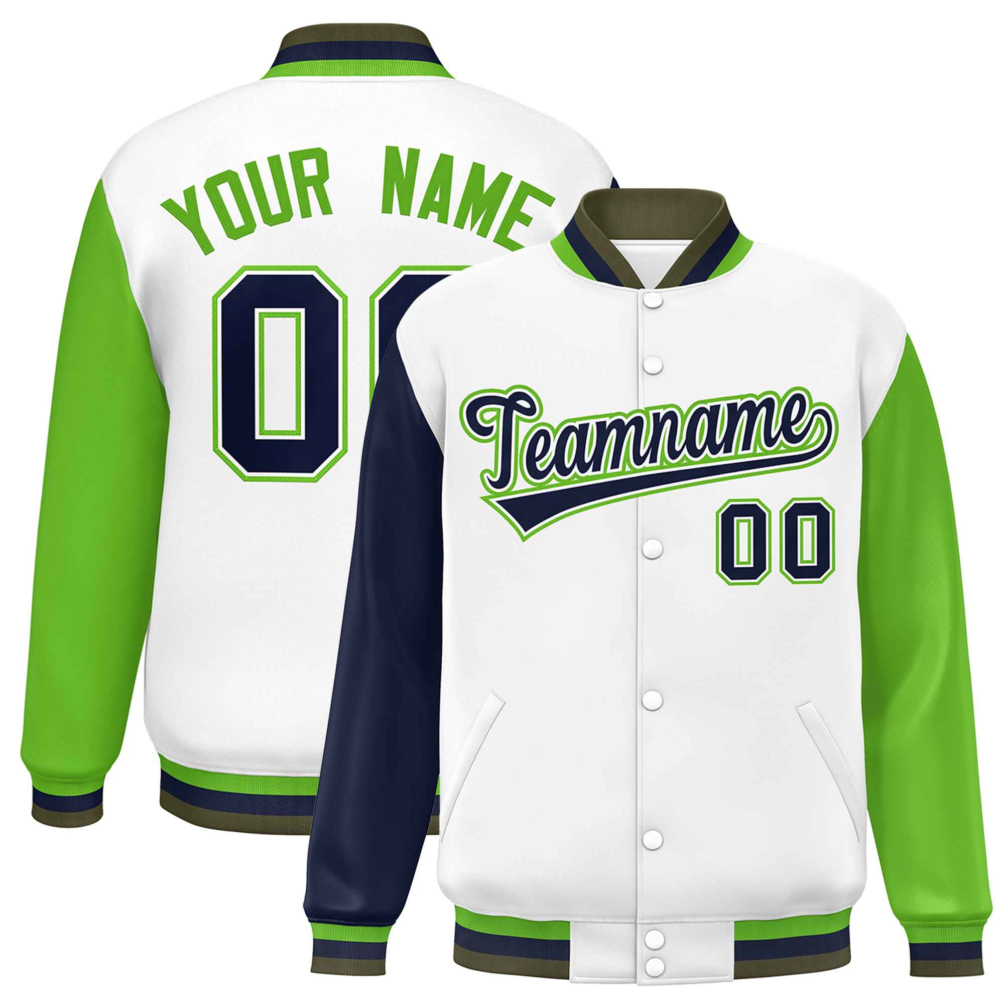 Custom White Navy-Green Varsity Full-Snap Raglan Sleeves Letterman Baseball Jacket