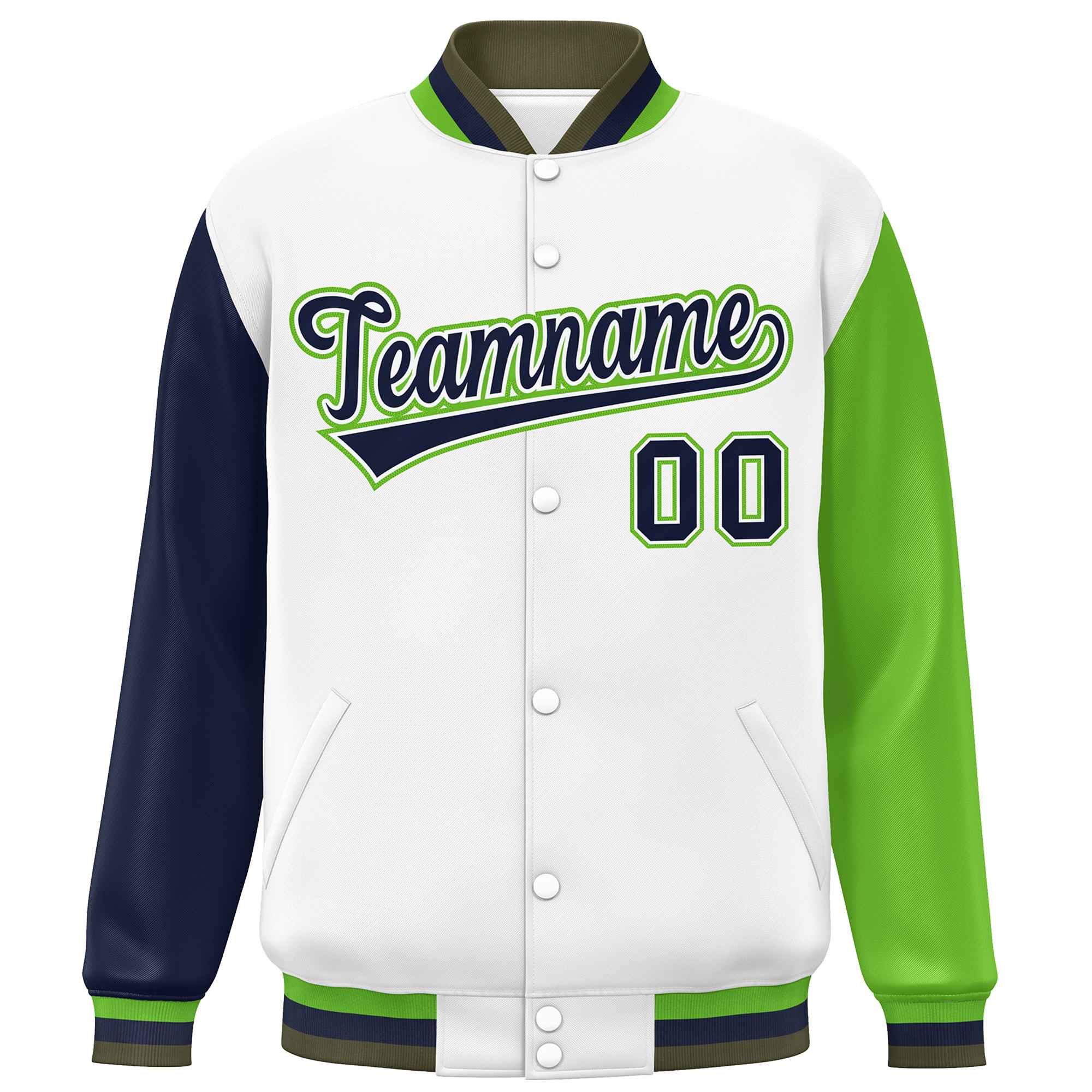 Custom White Navy-Green Varsity Full-Snap Raglan Sleeves Letterman Baseball Jacket