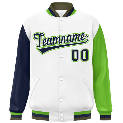 Custom White Navy-Green Varsity Full-Snap Raglan Sleeves Letterman Baseball Jacket